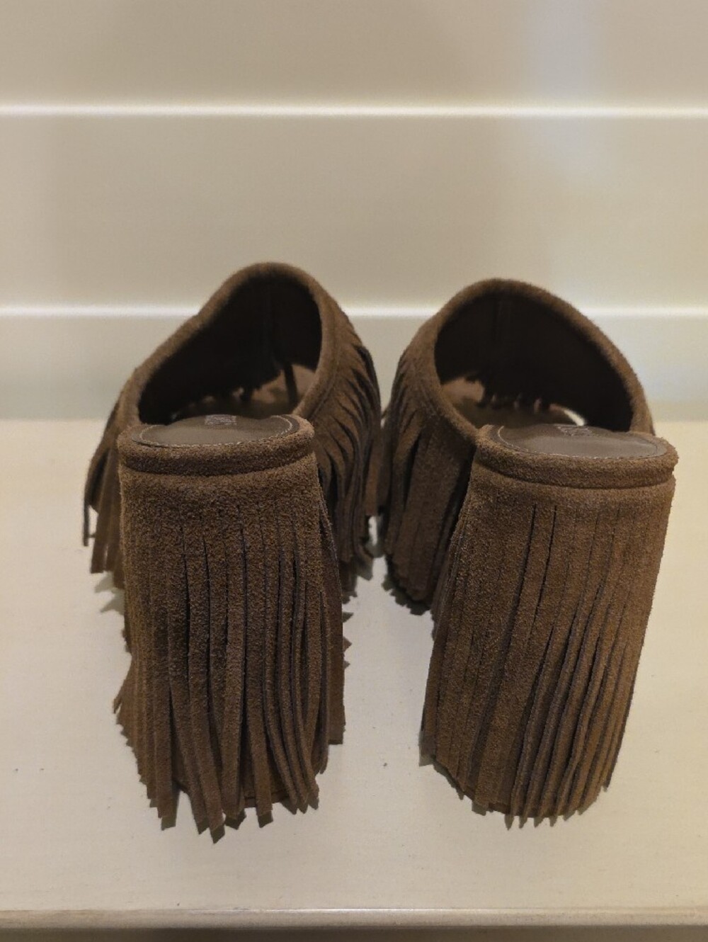 New Brown Suede Fringe Platform Mules - Picture 3 of 6
